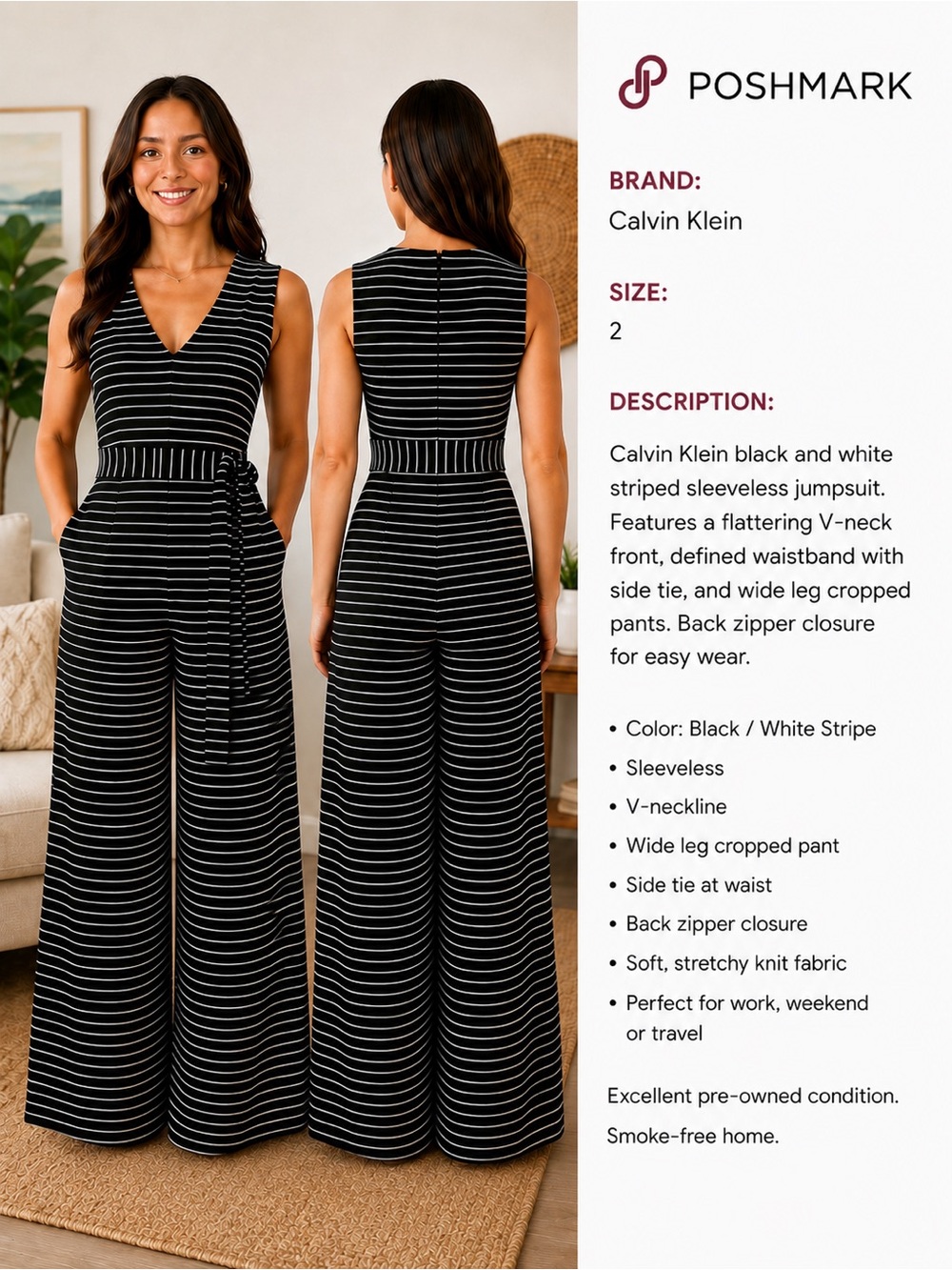 Calvin Klein |Sleeveless Striped Wide Leg Jumpsuit |Tie Waist |Size 2